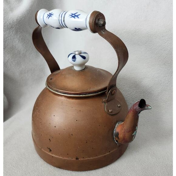 Vintage Copper and Ceramic Handle Tea Kettle Pot Primitive Boho Decor - Picture 2 of 12